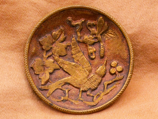 Bird Dragonfly Tinted Brass Metal Button 29mm