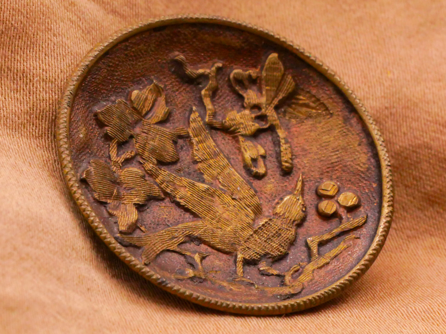 Bird Dragonfly Tinted Brass Metal Button 29mm