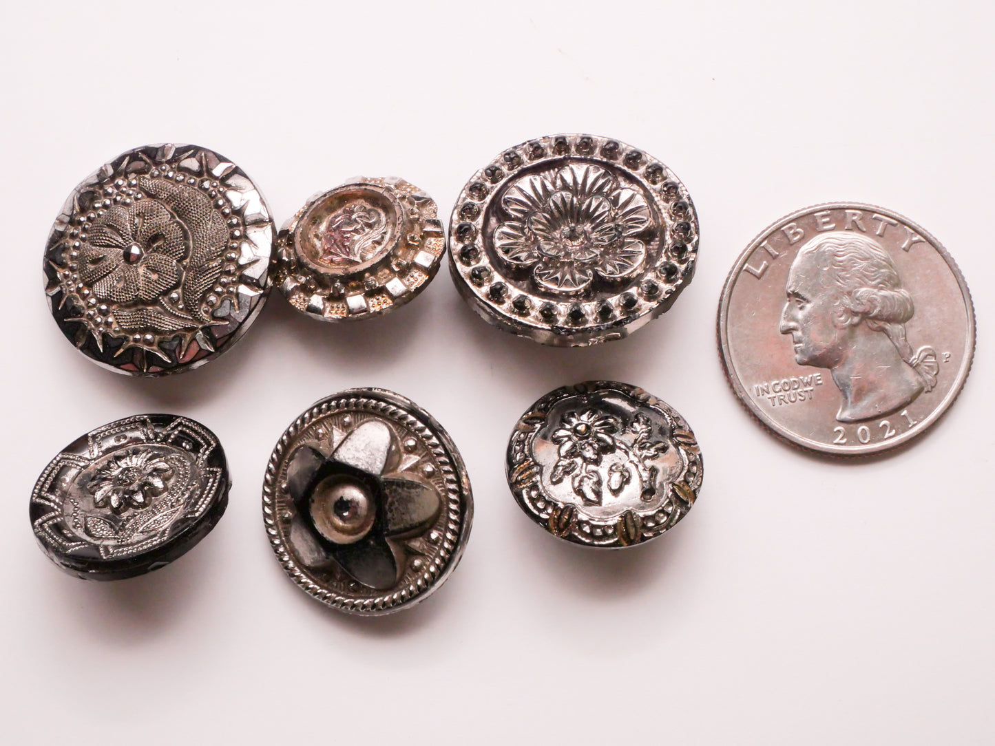 Flower Border Silver Luster Black Glass Button Various 17-23mm