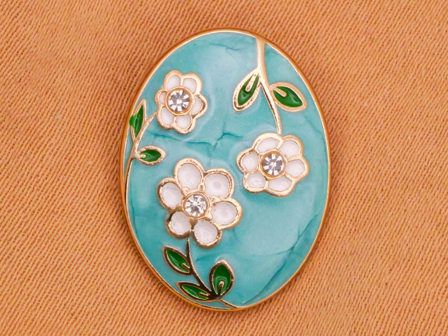 Flower Rhinestone Aqua Enamel Oval Metal Button 14x18mm
