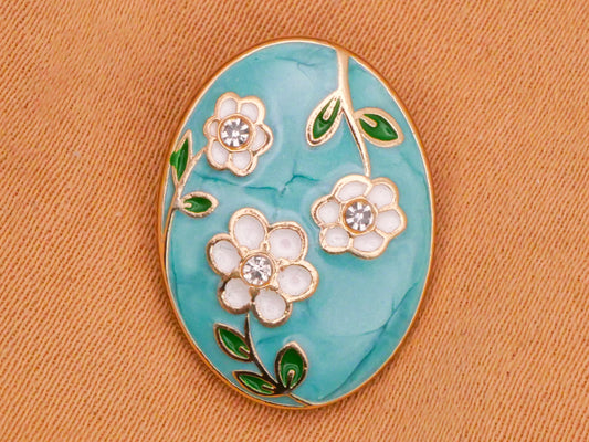 Flower Rhinestone Aqua Enamel Oval Metal Button 14x18mm