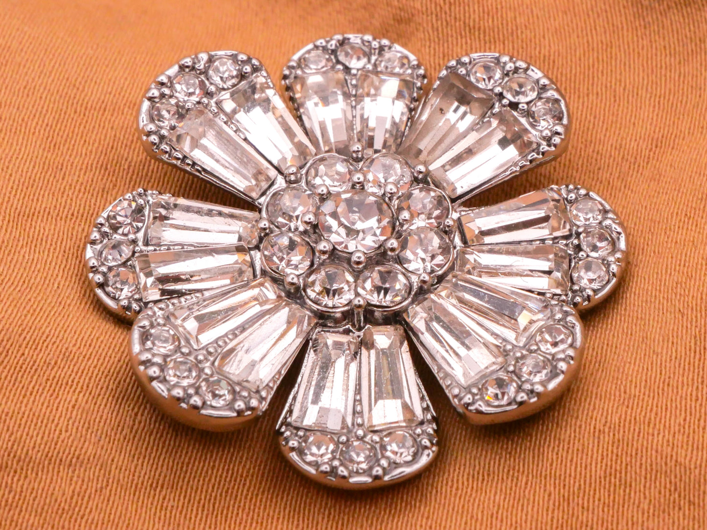 Flower Petals Rhinestone Silver Metal Button 29mm