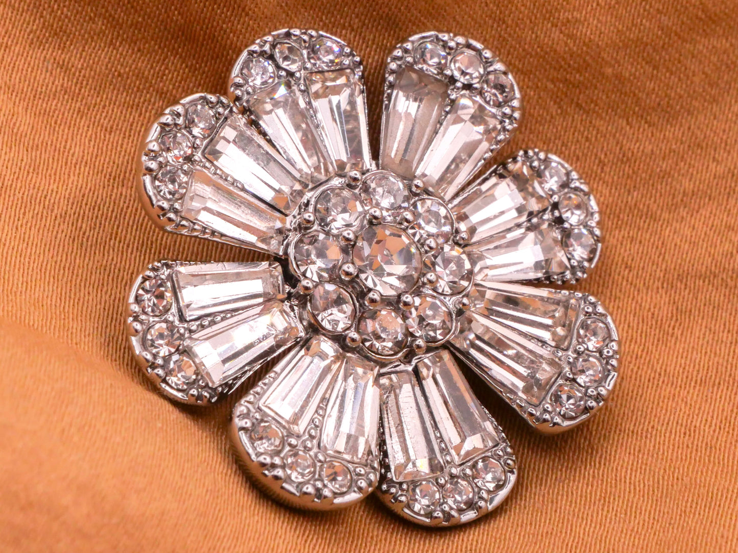 Flower Petals Rhinestone Silver Metal Button 29mm