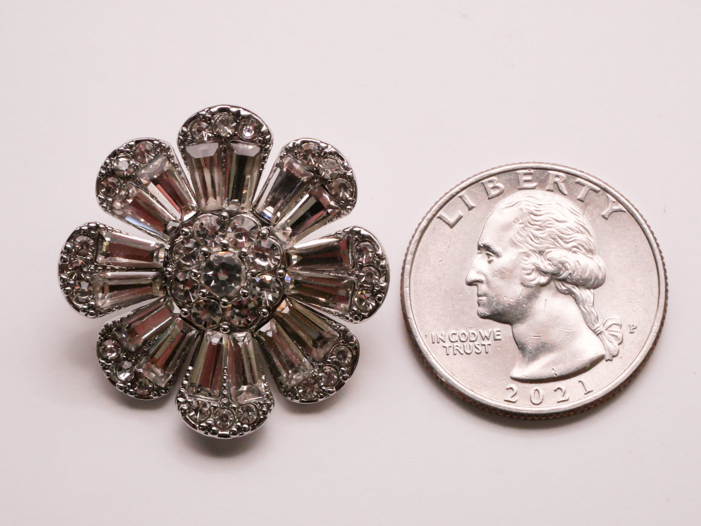Flower Petals Rhinestone Silver Metal Button 29mm