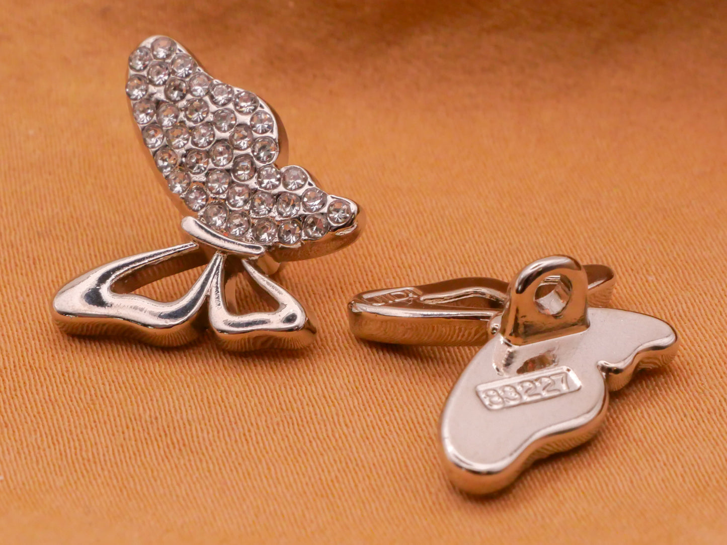 Butterfly Pierced Rhinestone Silver Metal Button 15x18mm