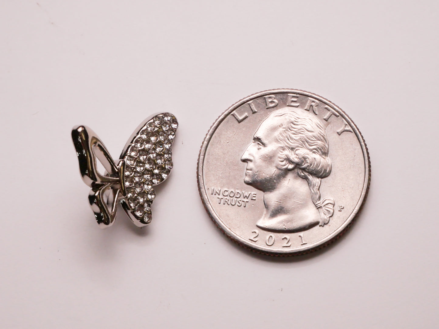 Butterfly Pierced Rhinestone Silver Metal Button 15x18mm