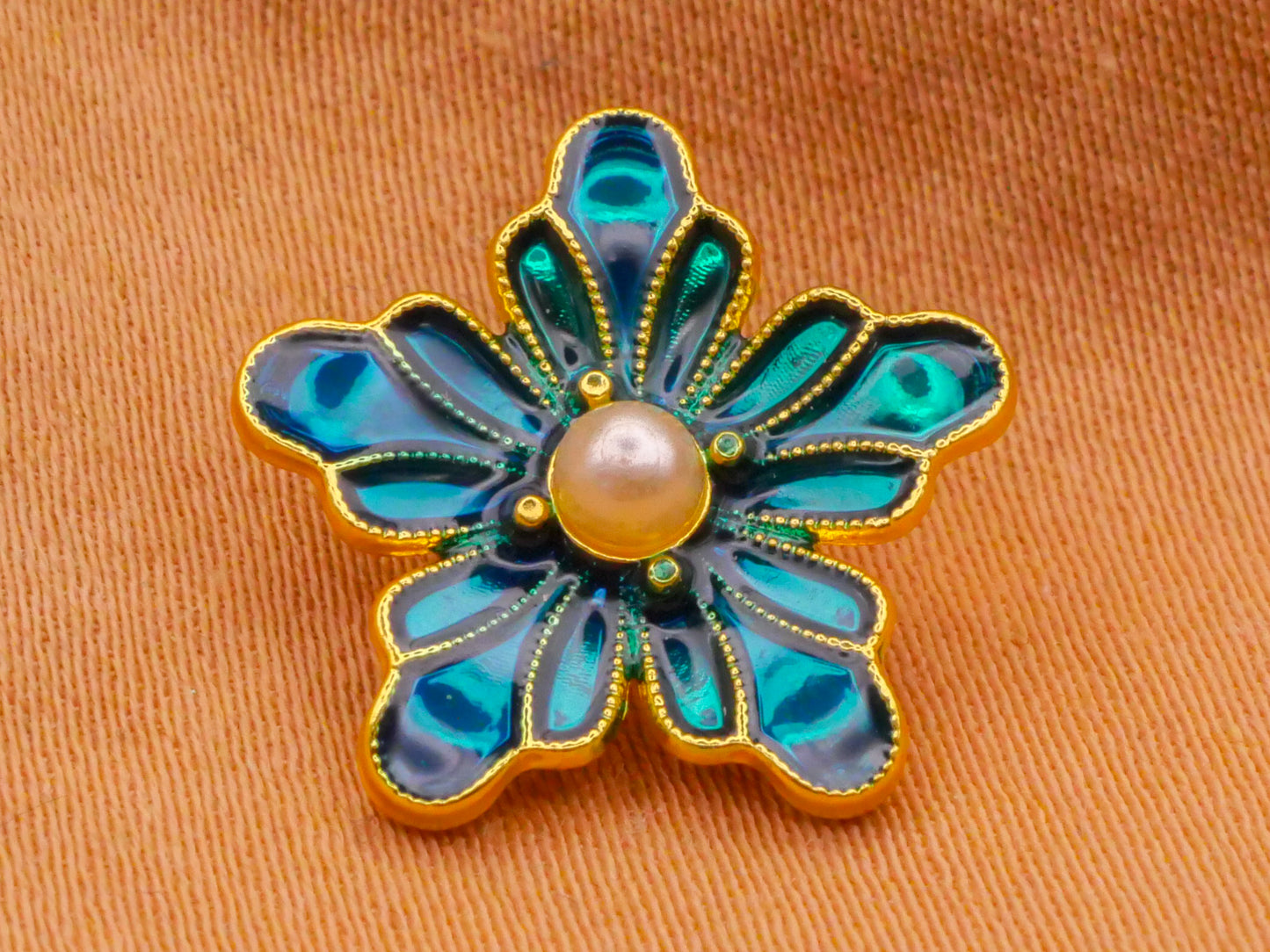 Flower Turquoise Cold Pressed Enamel Pearl Center Metal Button 14mm