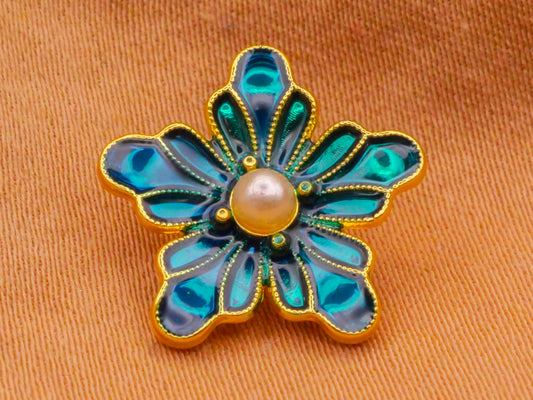 Flower Turquoise Cold Pressed Enamel Pearl Center Metal Button 14mm