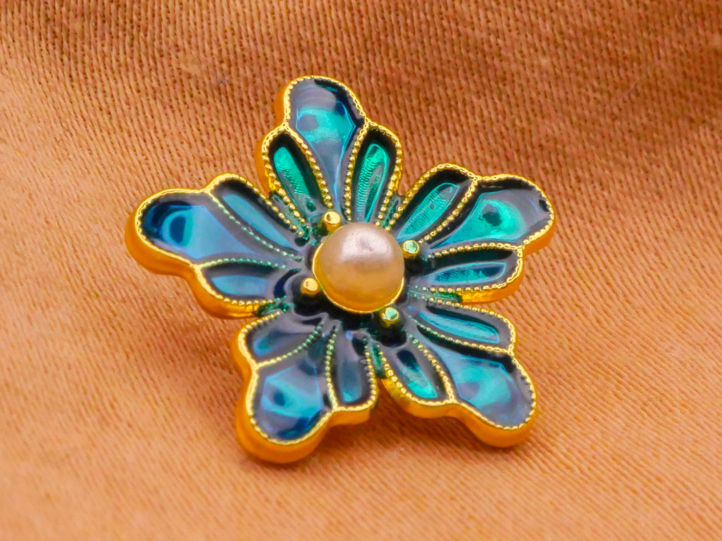 Flower Turquoise Cold Pressed Enamel Pearl Center Metal Button 14mm