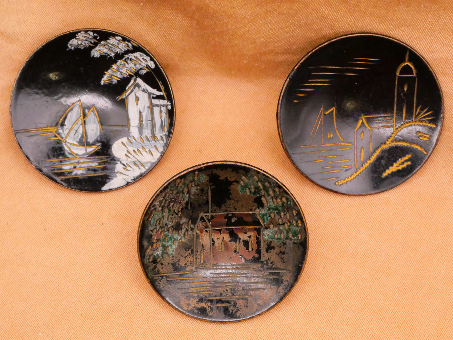Landscape Water Scene Black Lacquer Metal Cup Button Various 27-28mm