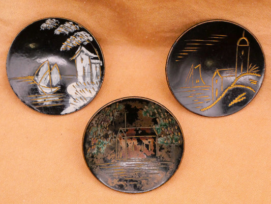 Landscape Water Scene Black Lacquer Metal Cup Button Various 27-28mm