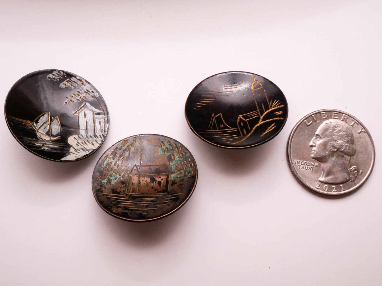Landscape Water Scene Black Lacquer Metal Cup Button Various 27-28mm