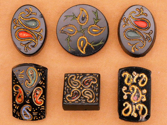 Paisley Motif Hand-Painted Antique Glass Button Various 12-21mm