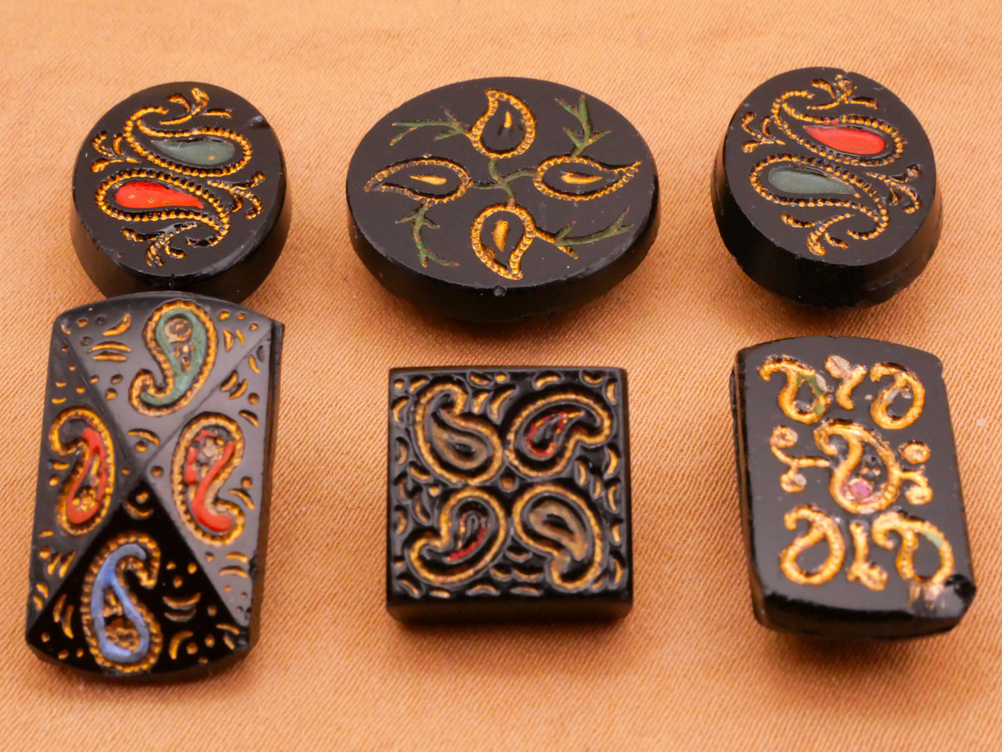 Paisley Motif Hand-Painted Antique Glass Button Various 12-21mm