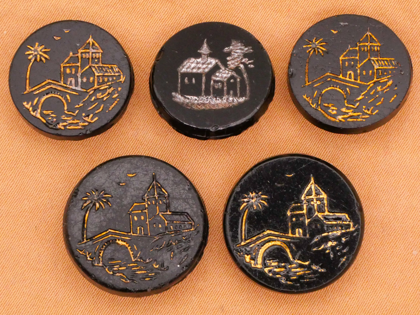Landscape Building Palm Tree Black Glass Button Various 16-18mm