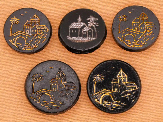 Landscape Building Palm Tree Black Glass Button Various 16-18mm