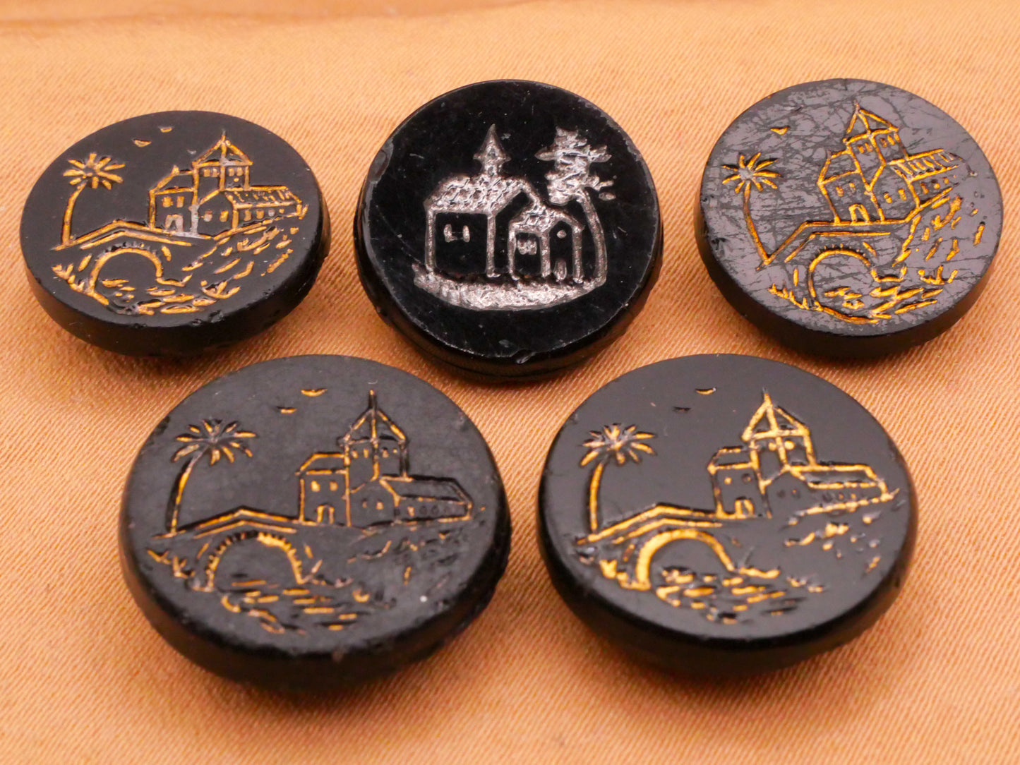 Landscape Building Palm Tree Black Glass Button Various 16-18mm