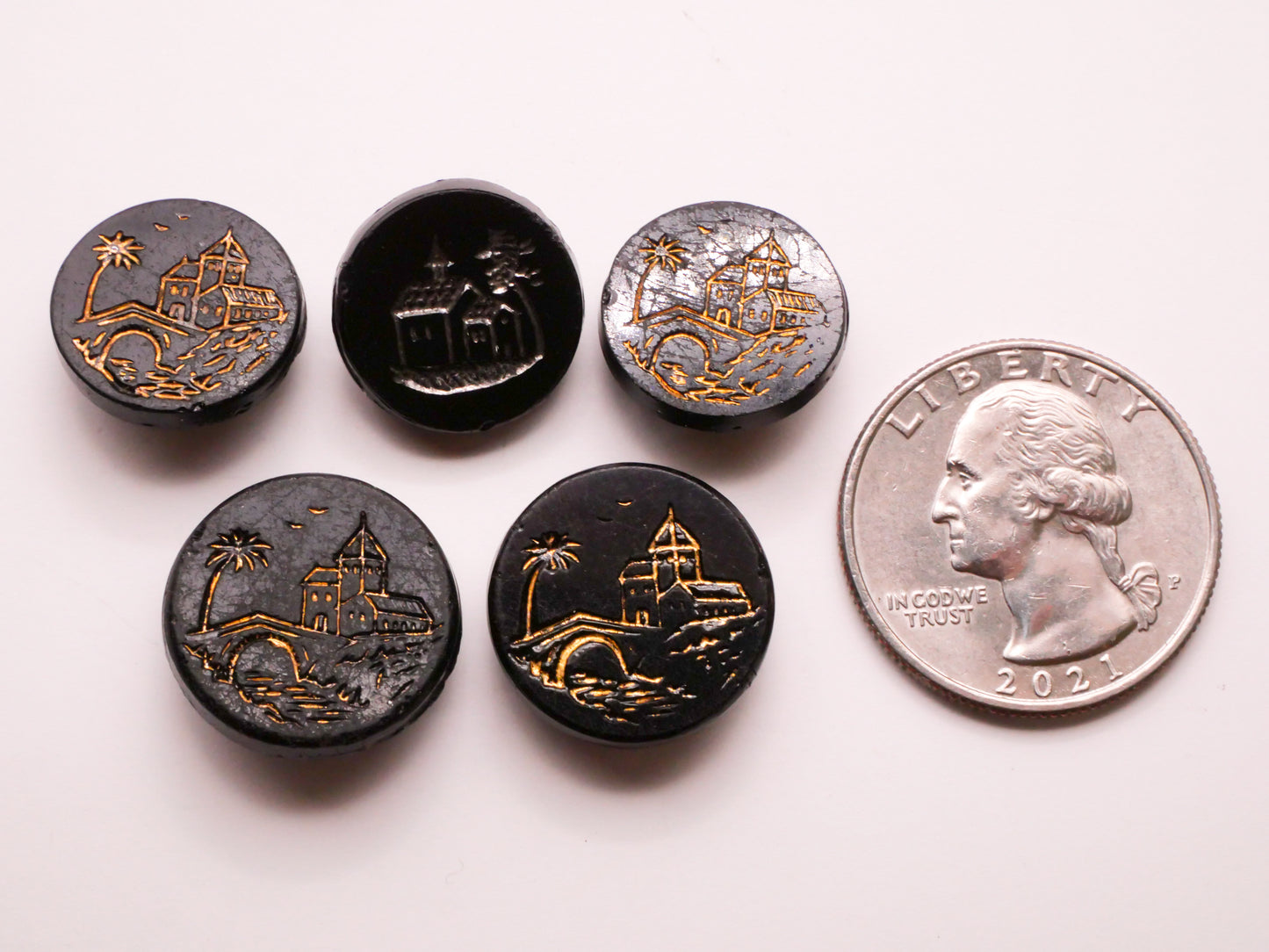 Landscape Building Palm Tree Black Glass Button Various 16-18mm
