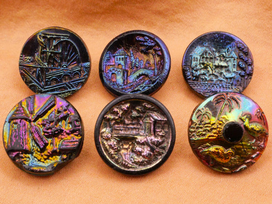 Landscape Rainbow Luster Black Glass Button Various 18-19mm