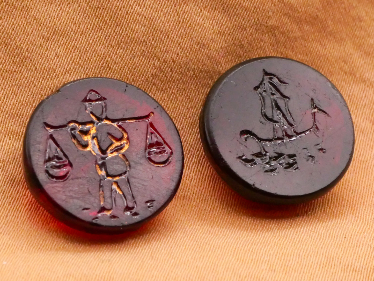 Asian Motif Person or Boat Cranberry Red Glass Button Various 16mm