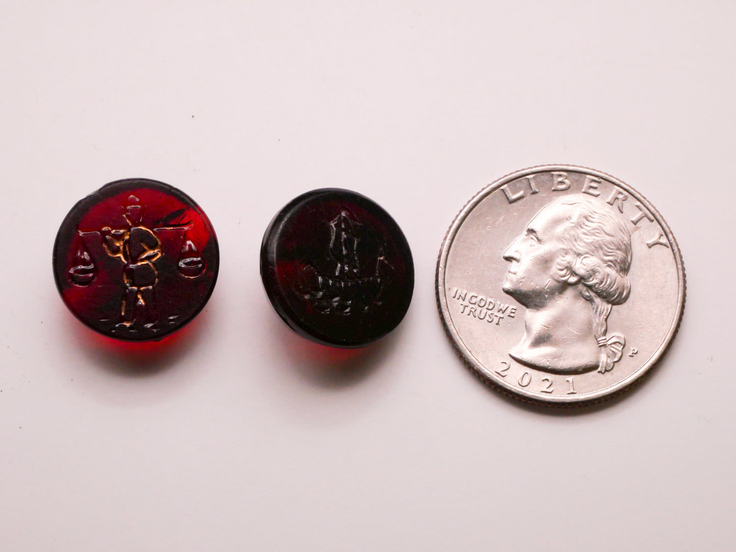 Asian Motif Person or Boat Cranberry Red Glass Button Various 16mm