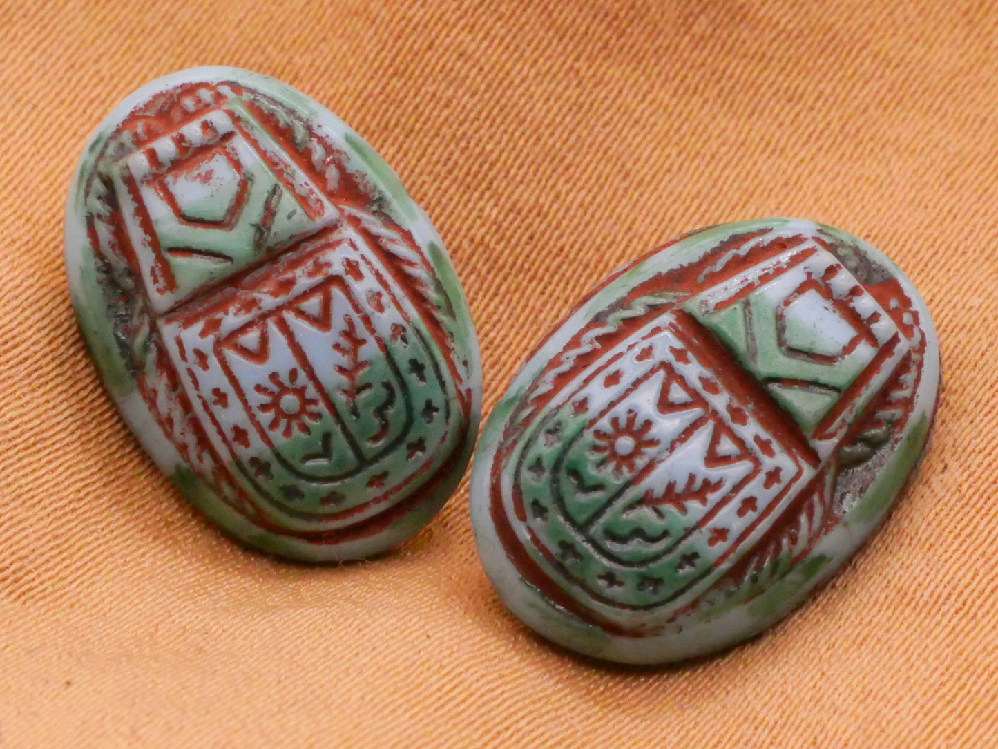 Scarab Beetle Insect Green Red Glass Button 12x17mm