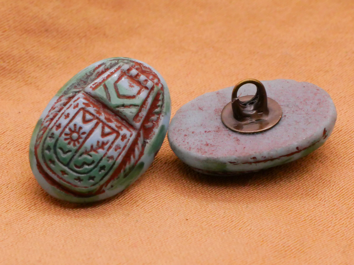 Scarab Beetle Insect Green Red Glass Button 12x17mm