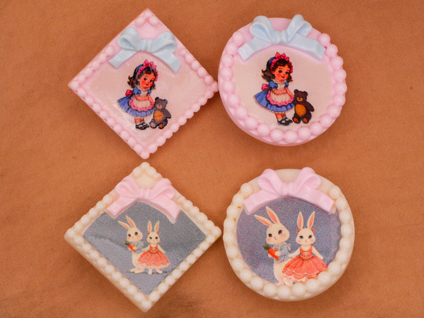 Frame Bow Girl with Bear or Bunnies Large Plastic Button Various 32-37mm