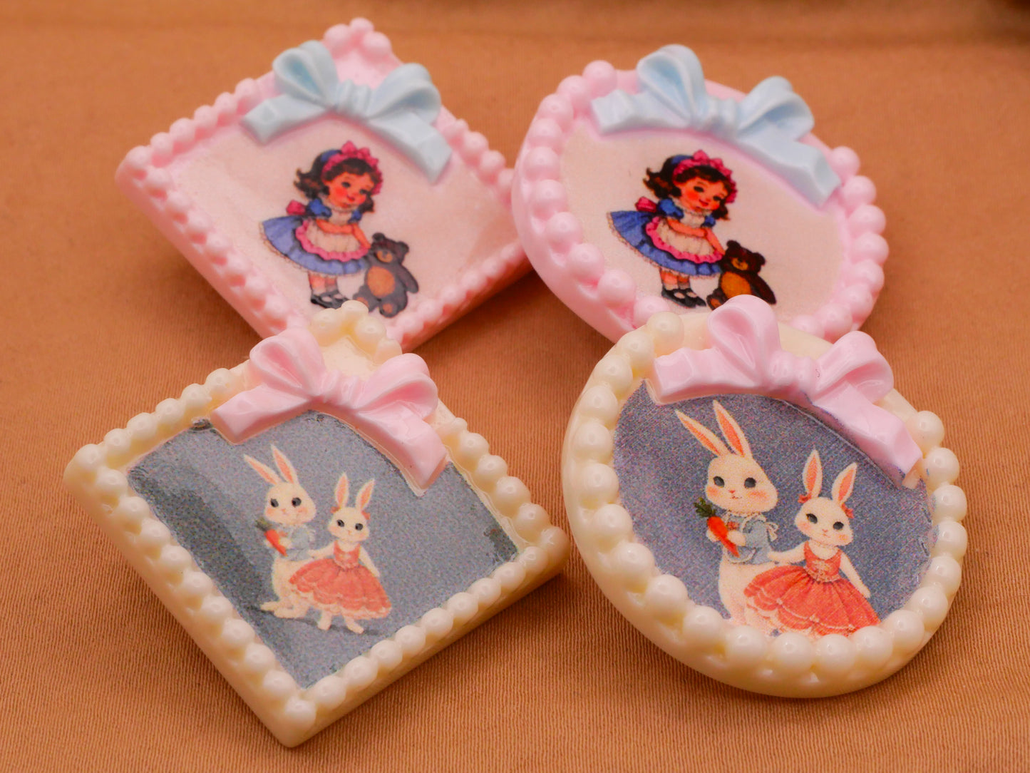 Frame Bow Girl with Bear or Bunnies Large Plastic Button Various 32-37mm