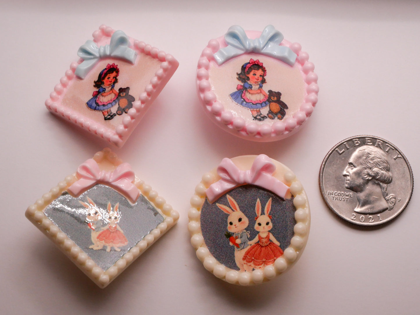 Frame Bow Girl with Bear or Bunnies Large Plastic Button Various 32-37mm