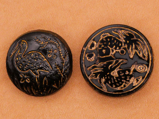 Asian Inspired Crane or Fish Black Gold Antique Glass Button Various 17-18mm