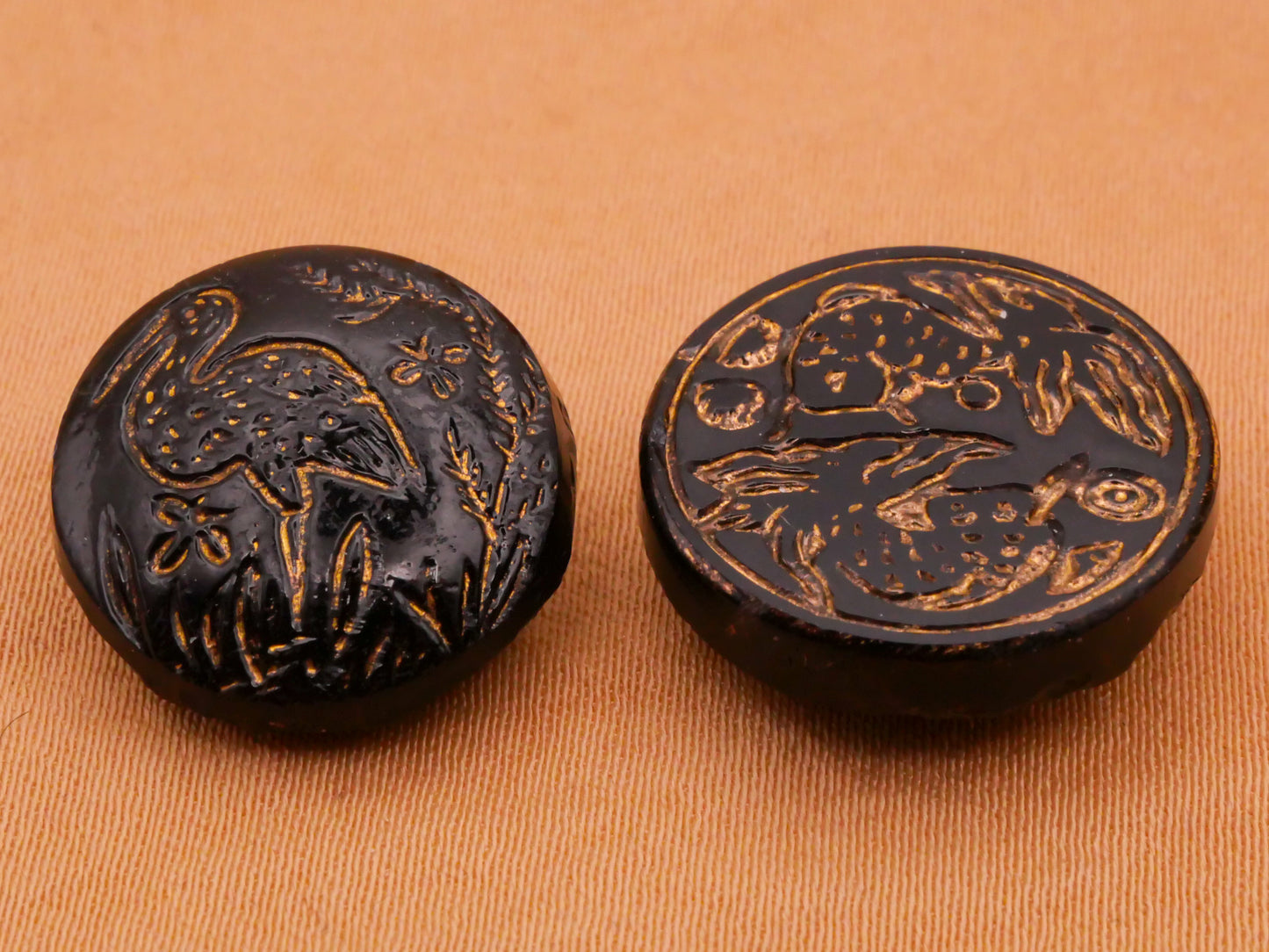 Asian Inspired Crane or Fish Black Gold Antique Glass Button Various 17-18mm