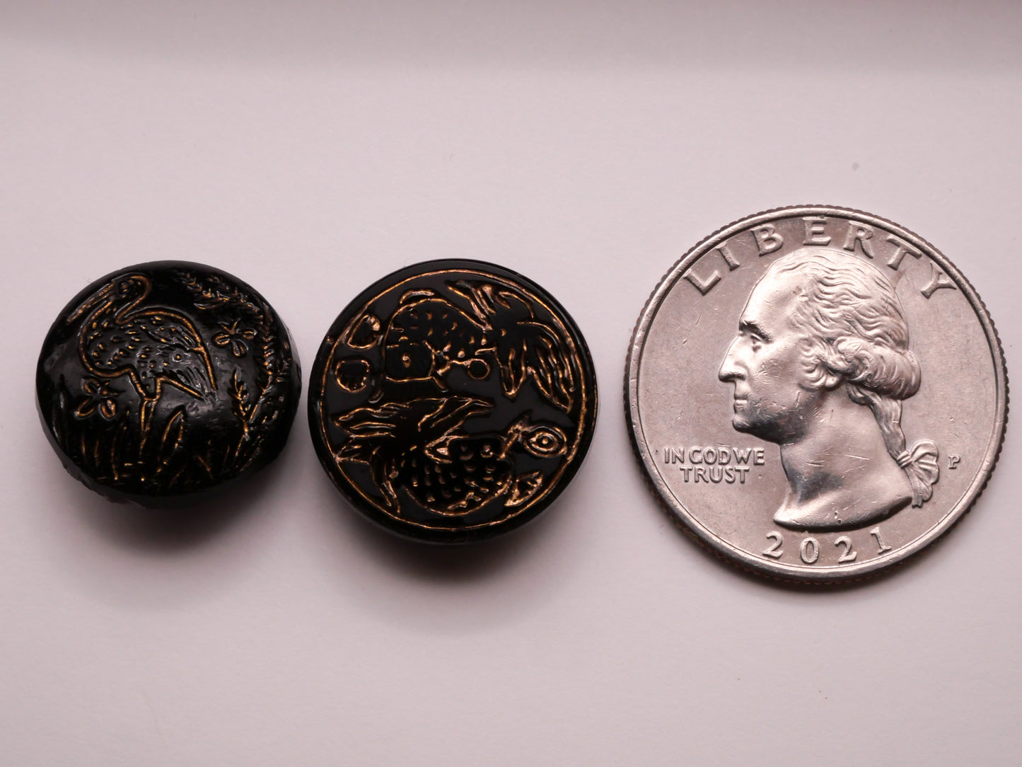Asian Inspired Crane or Fish Black Gold Antique Glass Button Various 17-18mm