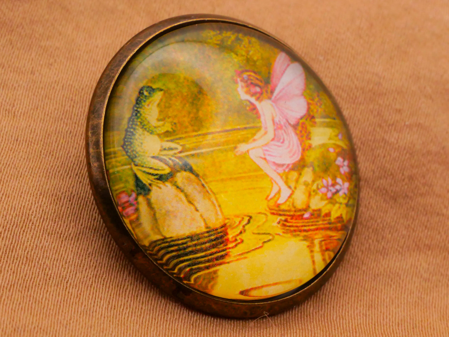 Fairy Frog Toad Illustration Glass Dome Bronze Metal Button 27mm