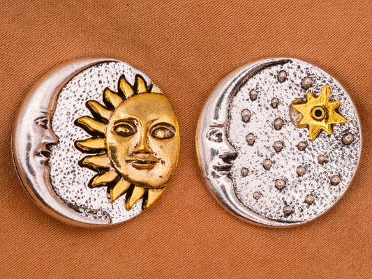 Celestial Moon Sun Star Two-Tone Metal Pair of Buttons 22mm