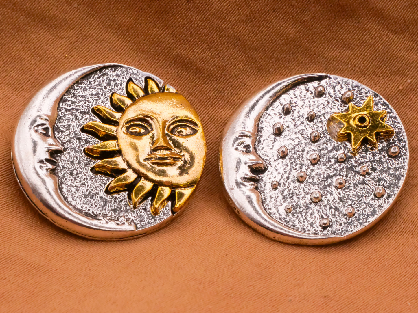 Celestial Moon Sun Star Two-Tone Metal Pair of Buttons 22mm