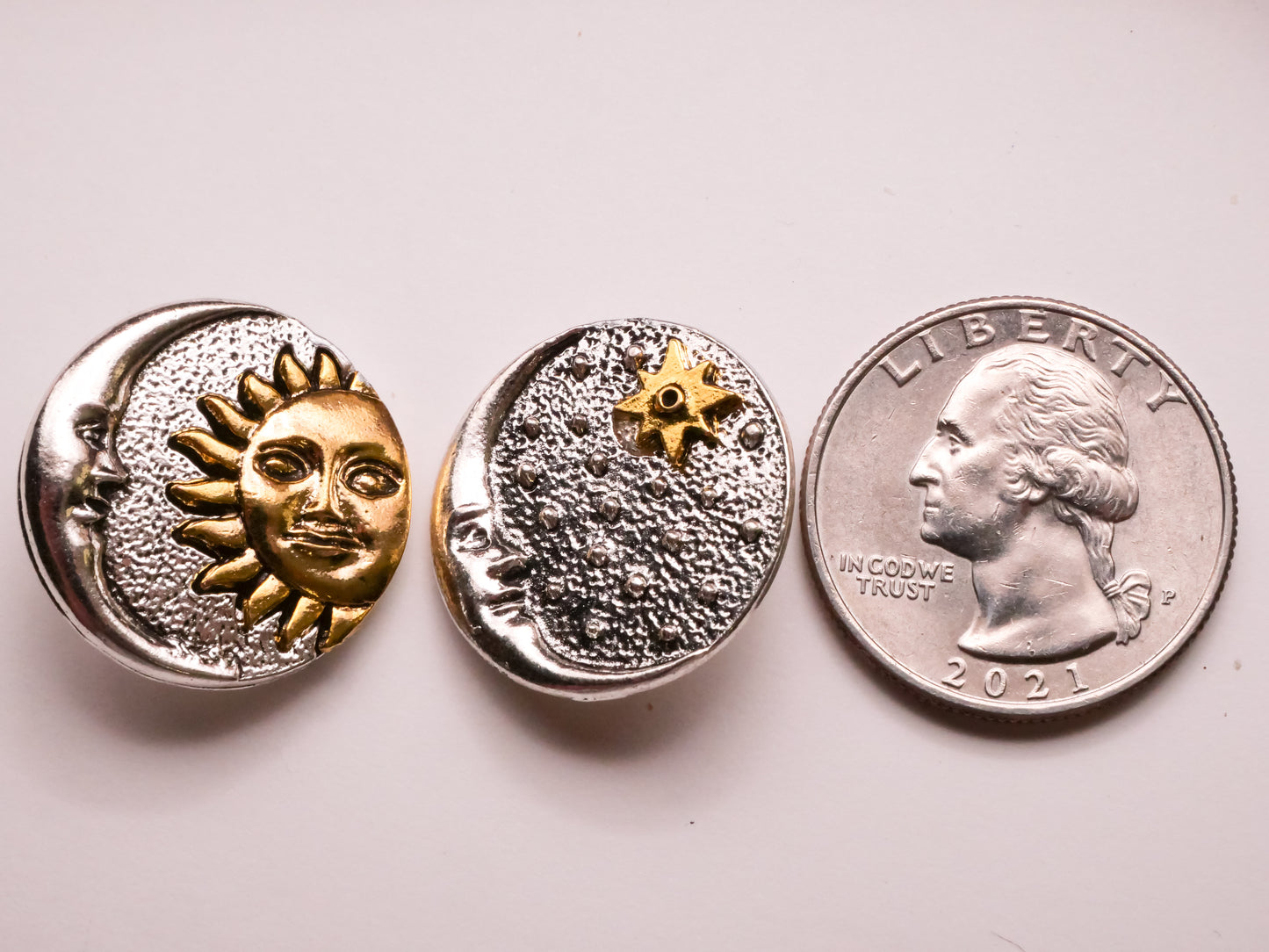 Celestial Moon Sun Star Two-Tone Metal Pair of Buttons 22mm