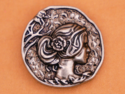 Woman Girl Portrait Flower Antiqued Silver Metal Button 23mm