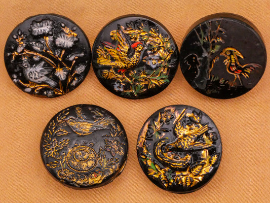 Bird Motif Hand-Painted Accent Black Glass Button Various 18mm
