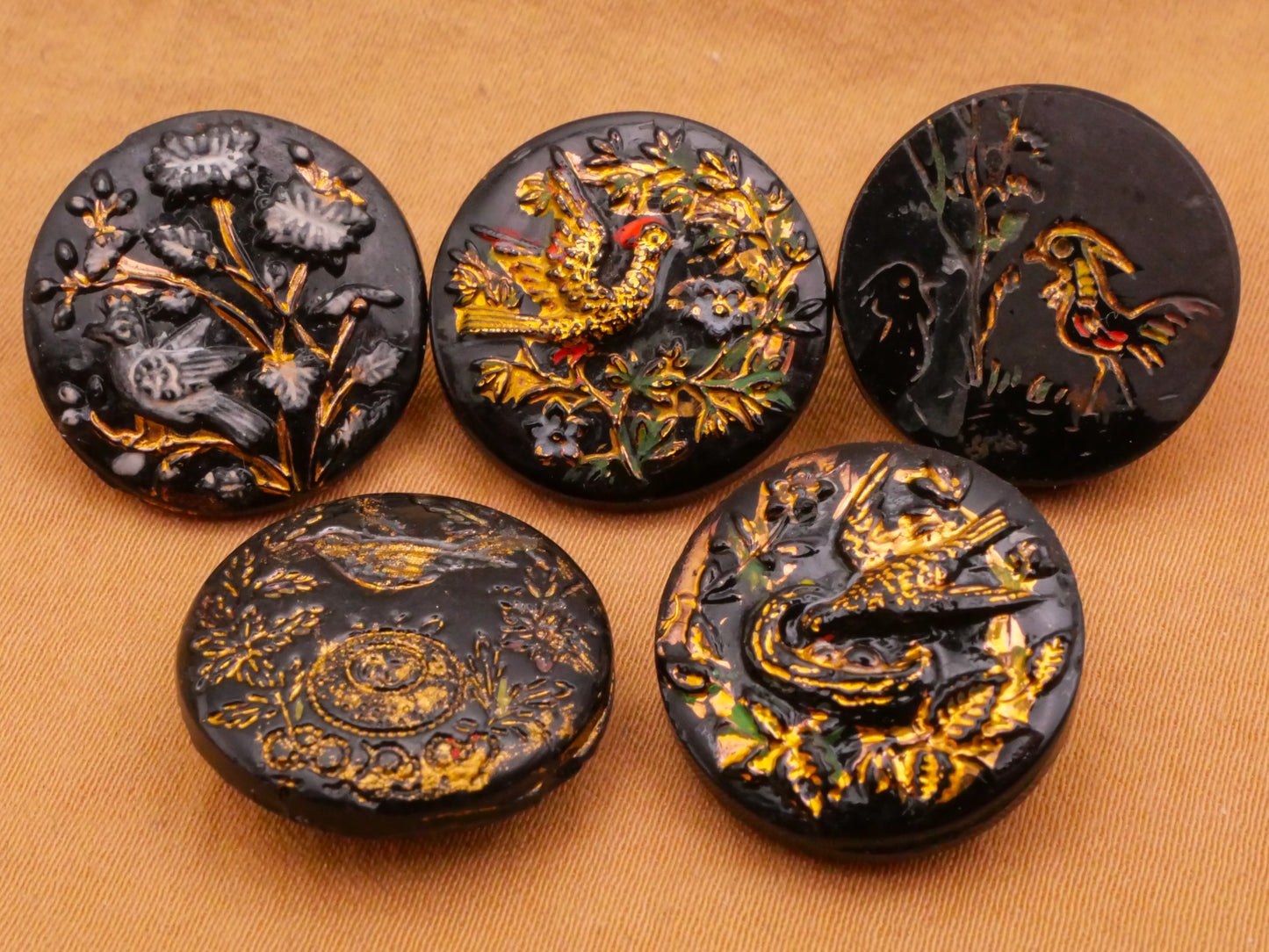 Bird Motif Hand-Painted Accent Black Glass Button Various 18mm