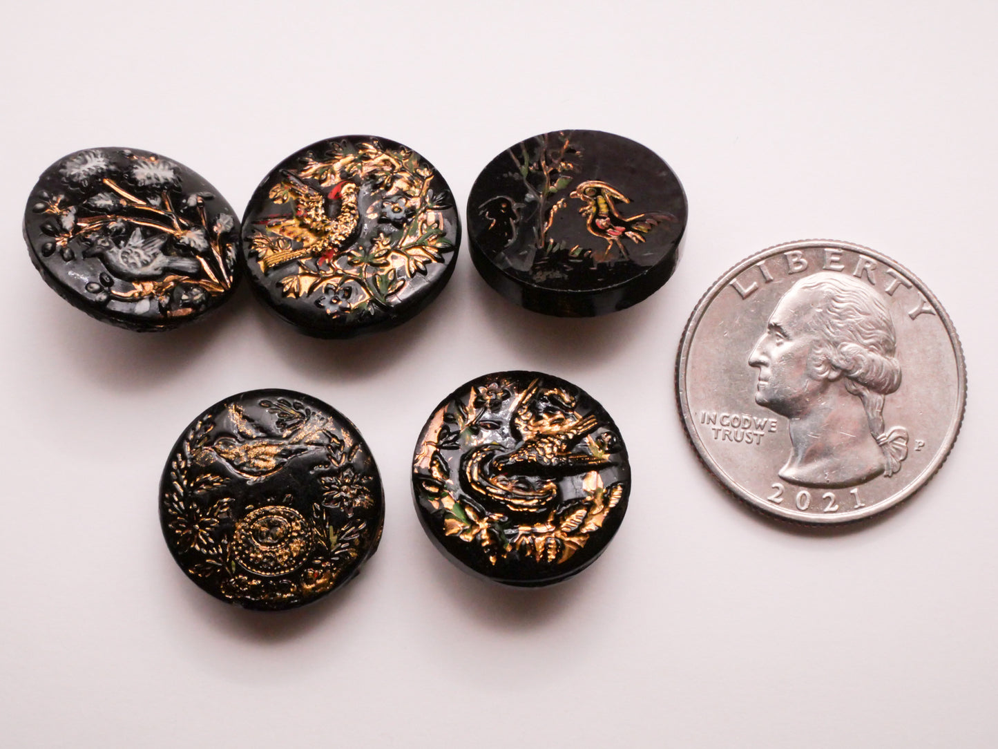 Bird Motif Hand-Painted Accent Black Glass Button Various 18mm