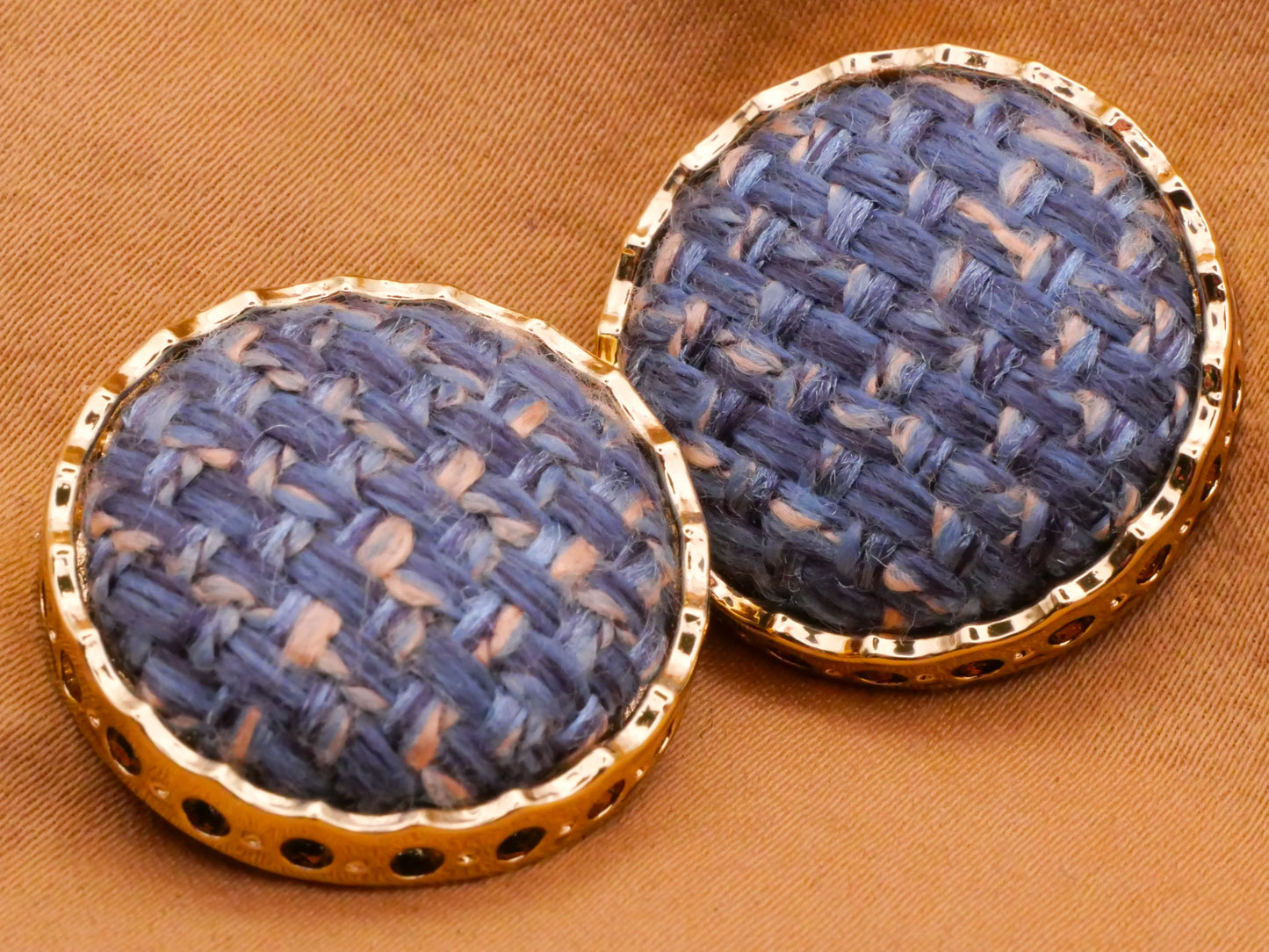 Blue Tweed Plaid Fabric Gold Metal Button 23mm