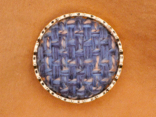 Blue Tweed Plaid Fabric Gold Metal Button 23mm