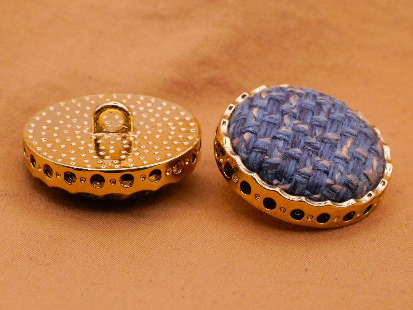 Blue Tweed Plaid Fabric Gold Metal Button 23mm