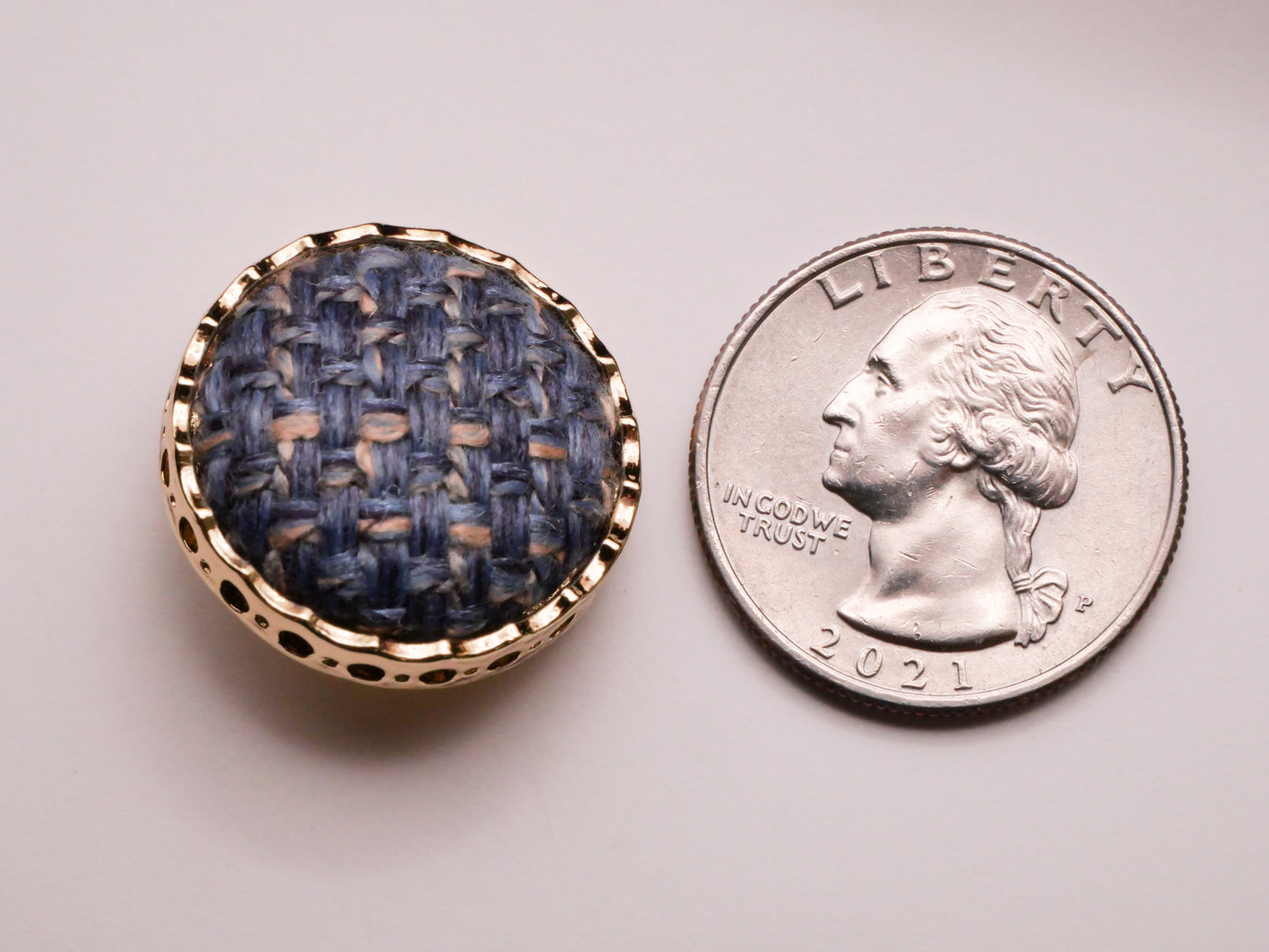 Blue Tweed Plaid Fabric Gold Metal Button 23mm