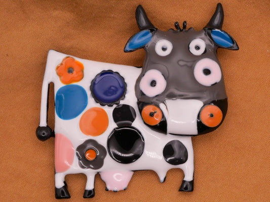 Spotted Cow Enamel Metal Brooch Pendant Embellishment 38x52mm