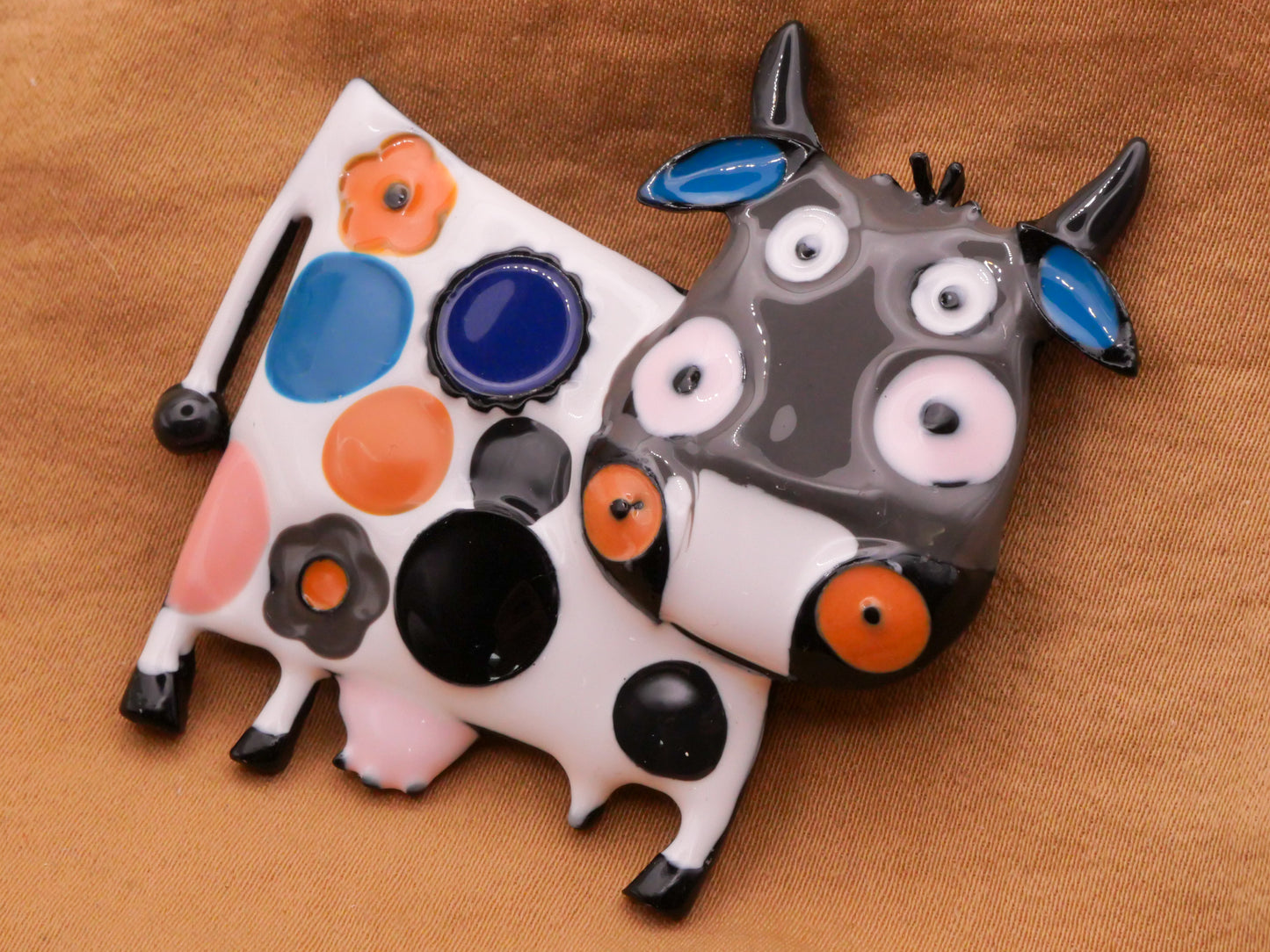 Spotted Cow Enamel Metal Brooch Pendant Embellishment 38x52mm