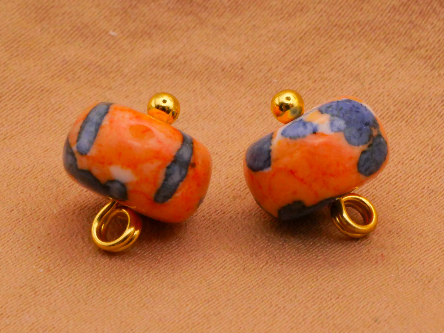 Orange Blue Ceramic Pin Shank Pair of Buttons Embellishments 10mm