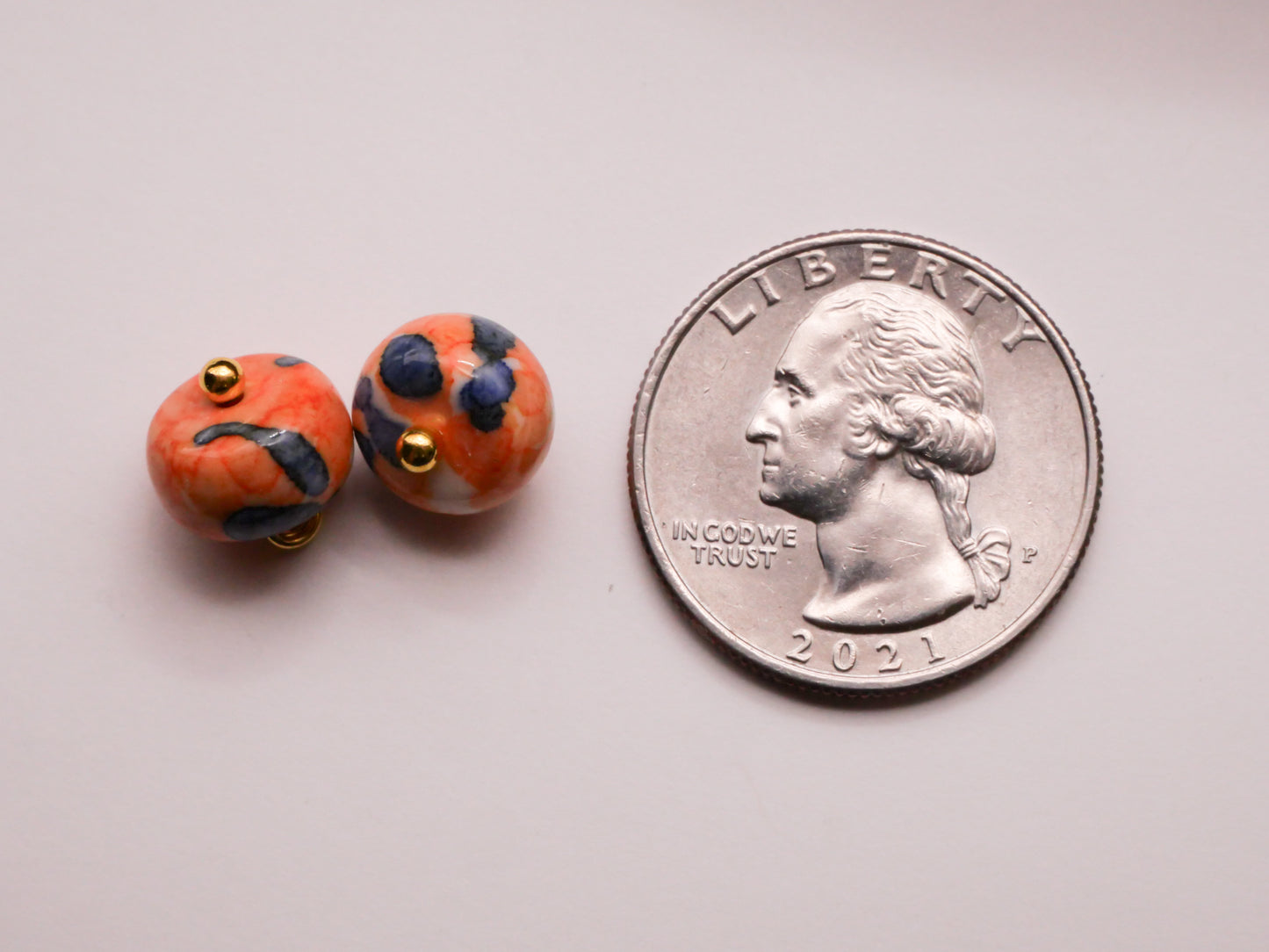 Orange Blue Ceramic Pin Shank Pair of Buttons Embellishments 10mm