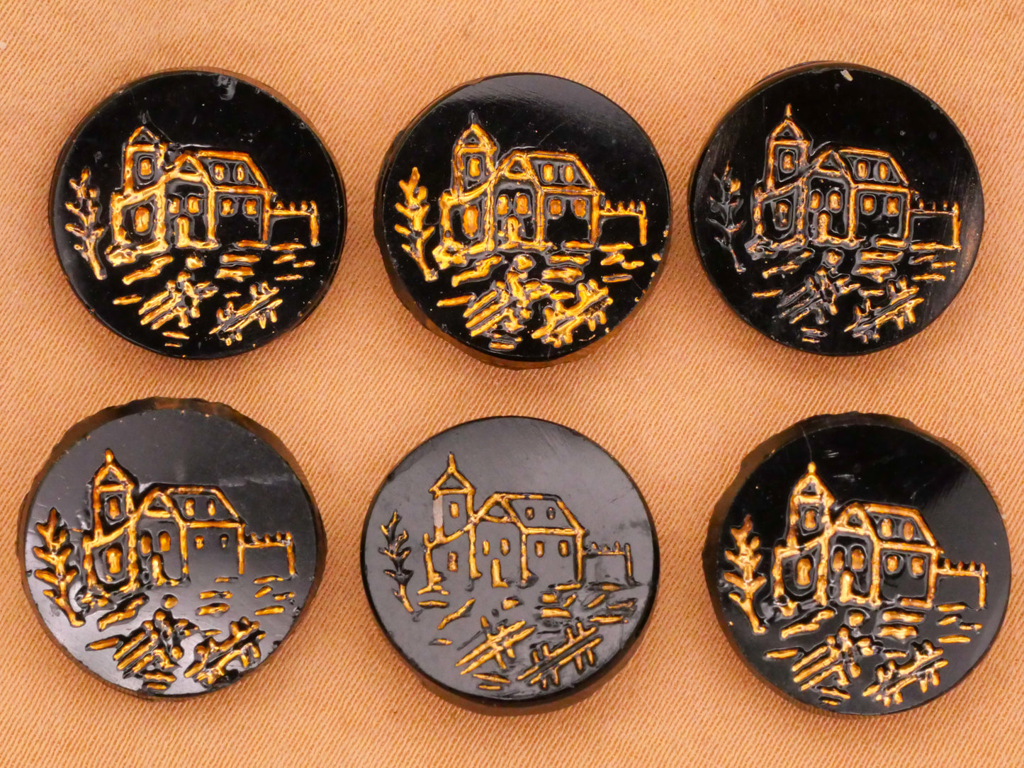 Church or Castle Landscape Gold Black Glass Button Various 16mm